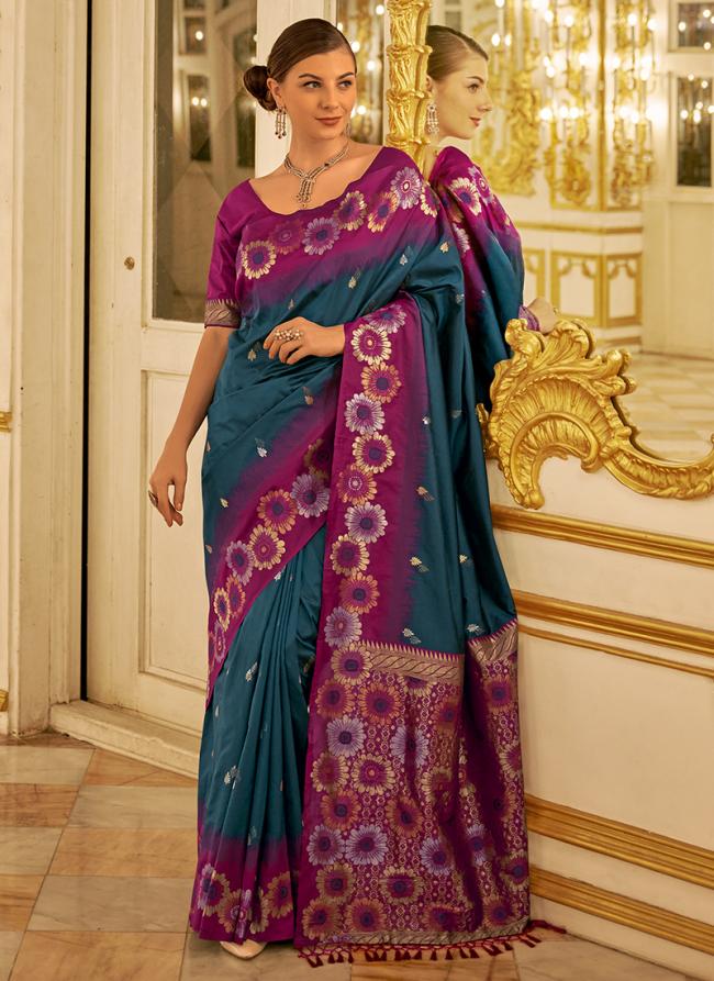 Banarasi Silk Blue Festival Wear Weaving Work Saree